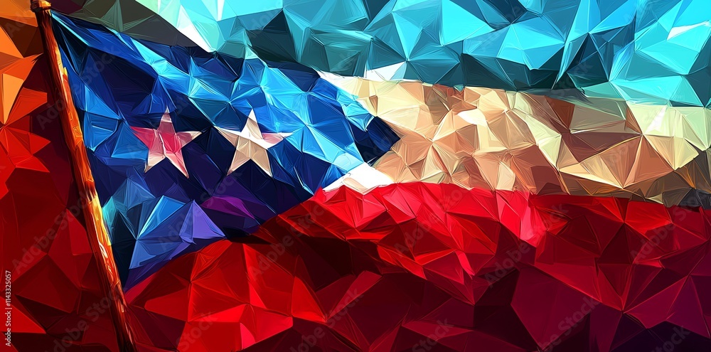 Poster a stylized representation of a flag with vibrant colors and geometric shapes.