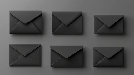 54.A collection of black envelopes in a realistic style, displayed in folded and unfolded states, with detailed textures and soft shadows, creating a polished, elegant visual ideal for professional