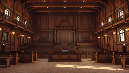 Vintage wooden courtroom interior. 3D Rendering. Retro style. Empty huge vintage courtroom view, dramatic, with white tones