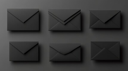54.A collection of black envelopes in a realistic style, displayed in folded and unfolded states, with detailed textures and soft shadows, creating a polished, elegant visual ideal for professional