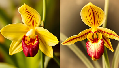 Orchid - left Paphiopedilum venustum and right Cattleya Skinneri / vintage illustration, masterpiece, with white tones