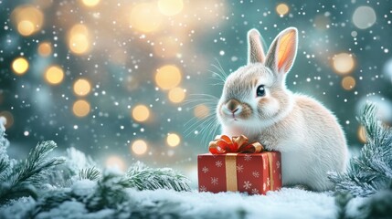 Happy lovely bunny with gift box Christmas on Chrismas tree background. Generative AI