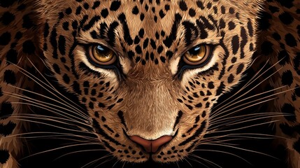 Naklejka premium leopard face close-up, danger concept, sharp eyes and whiskers, digital illustration, dark background, isolated on white background