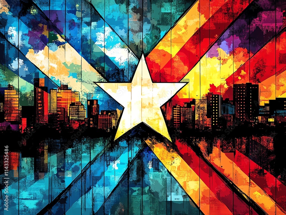 Aufkleber a vibrant city skyline with a large star, featuring colorful diagonal stripes and abstract design.