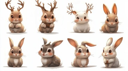 Fototapeta premium Set of six cute cartoon bunnies with antlers in different poses and expressions on white background