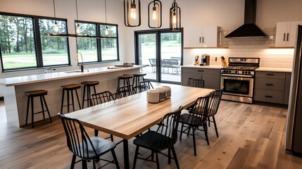 Hostel kitchen with large dining table, modern stove, cozy ambiance
