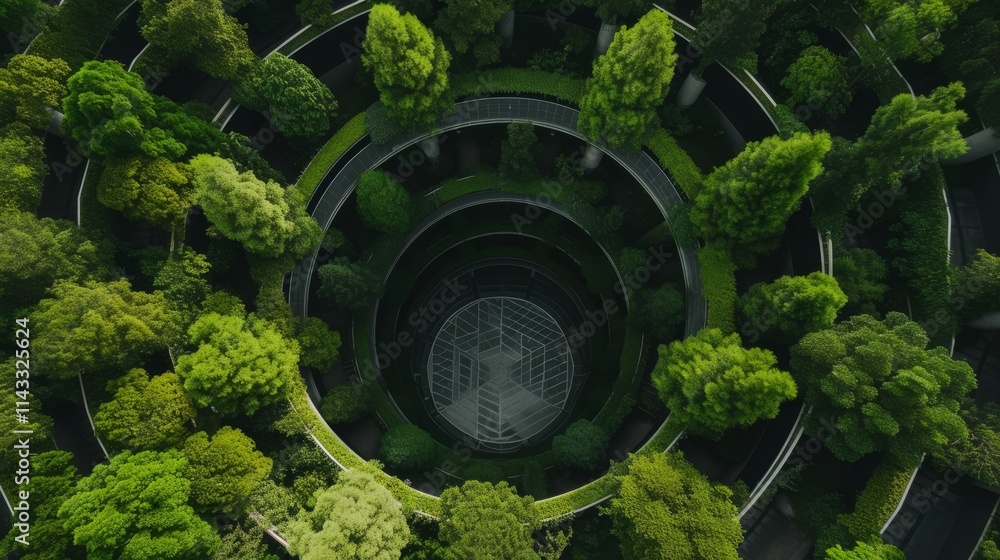 Aufkleber aerial view of a circular eco-structure enveloped by dense greenery, creating a futuristic and susta