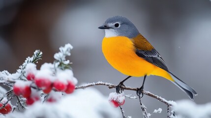 Yellow bird with grey head standing on snowy branch