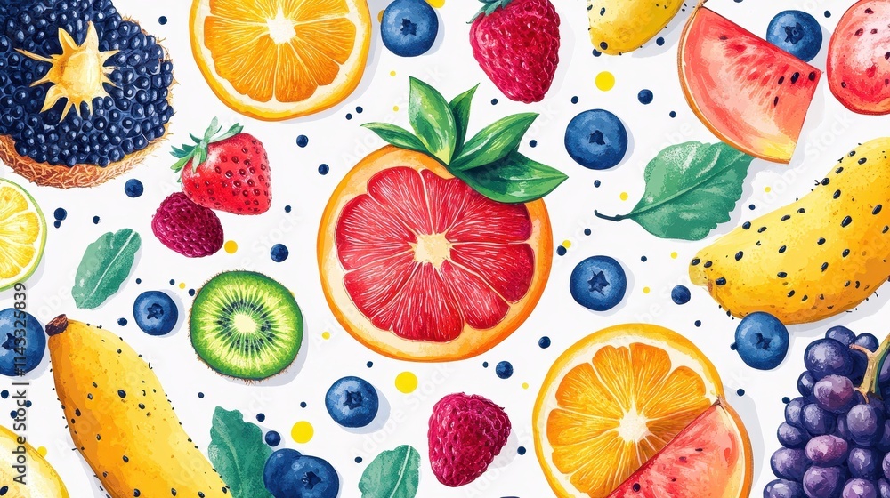 Poster vibrant graphic showcasing an array of fruits and vegetables in a colorful layout on a white backgro