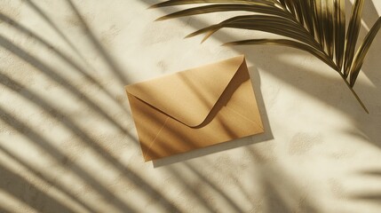 83.A clean, modern mockup of a greeting card paired with a craft envelope on a textured beige background, with sunlight and palm leaf shadows creating a tropical, relaxed mood, ideal for
