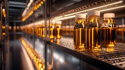 Industrial beer lab with research team, light reflecting on bottle shelves, scientific focus, clean and organized layout, cozy lighting