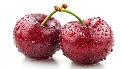 Two ripe cherries with stems are covered in water droplets, isolated on a white background