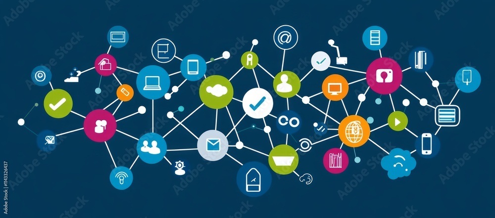 Poster network of colorful circles interconnected, representing global communication and data transfer.