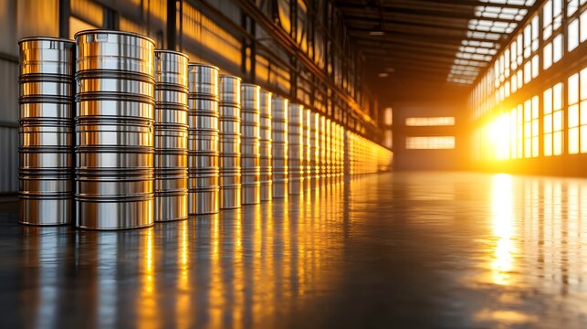 Industrial warehouse lined with polished metal beer kegs, symmetrically stacked, soft light filtering through dusty windows, a rugged, clean atmosphere