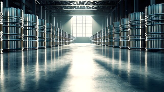 Industrial warehouse lined with polished metal beer kegs, symmetrically stacked, soft light filtering through dusty windows, a rugged, clean atmosphere