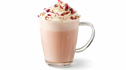 Rose latte topped with whipped cream and rose petals in glass mug.