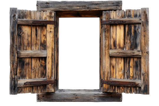 an old. rustic wooden window with two open shutters. revealing a transparent background the window is made of weathered wood with visible knots and grain the shutters are secured with rusty hinges and