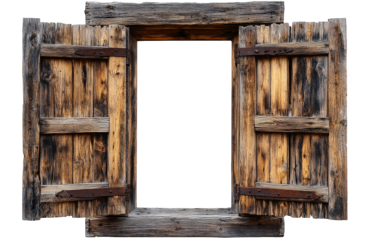 an old. rustic wooden window with two open shutters. revealing a transparent background the window is made of weathered wood with visible knots and grain the shutters are secured with rusty hinges and