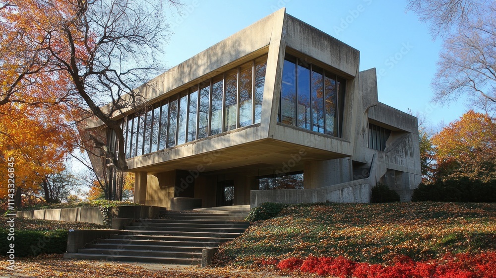 Poster a modernist building with large windows, surrounded by autumn foliage.