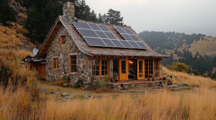 Obraz premium An isolated cabin powered by solar energy exemplifies a lifestyle of independence and sustainability.
