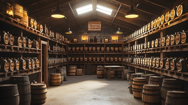 Large storage room filled with beer kegs, organized arrangement, realistic lighting