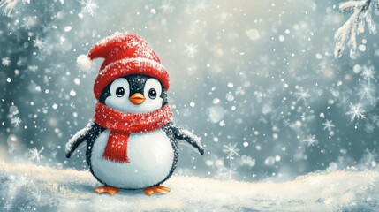 christmas greeting card with cute penguin illustration