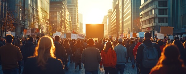 A peaceful march for social justice with banners and signs, diverse group of people walking through a city street, strong symbolism of equality, highquality details, soft lighting