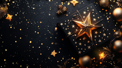 Festive gift box with golden star decoration and glitter on a dark background