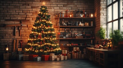 Unique christmas tree decorated with tools and lights for a creative holiday design.