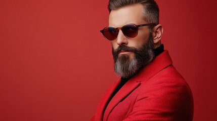 Obraz premium Stylish bearded man in a red jacket and sunglasses posing confidently.