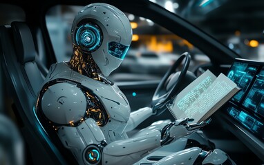 Fototapeta premium A sleek futuristic robot with a book in hand