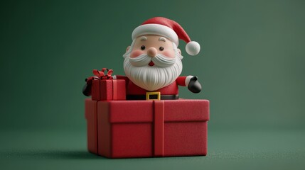 Christmas Gift Box with Santa Claus. Celebration Concept on Green Background