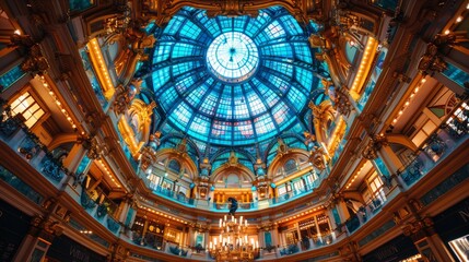 Ornate glass dome ceiling interior of a grand building.
