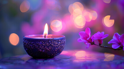 Serene Candlelight and Purple Blossoms