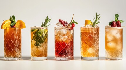 Stylish drinkware displays a variety of vibrant craft cocktails garnished with fresh ingredients, set against a white background
