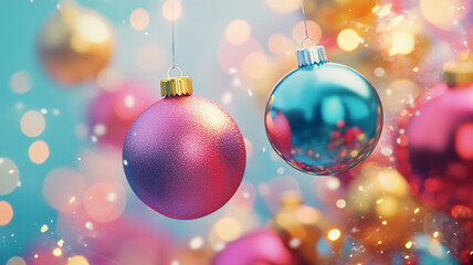 Fototapeta premium Colorful ornaments hanging from a Christmas tree create a festive atmosphere