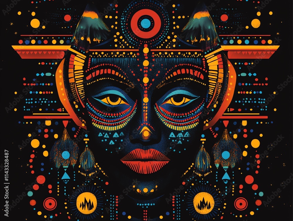 Poster a vibrant, abstract portrait featuring bold colors and intricate patterns.