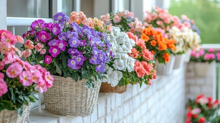 Vibrant Floral Display of Colorful Petunias in Wicker Baskets on a Sunlit Balcony Railing in Springtime