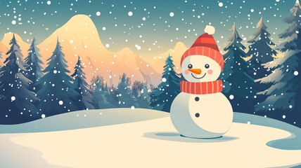 Snowman standing proudly in a winter landscape with mountains and evergreen trees