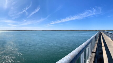 Obraz premium A panoramic view of a calm waterway from a pier under a clear blue sky.