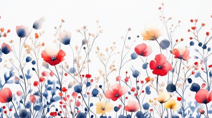 Floral seamless pattern with abstract wildflowers, plants and delicate branches, watercolor isolated on white background for textile. Generative ai.