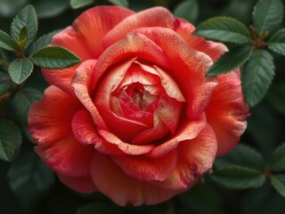 A lush rose with vibrant petals framed by delicate green leaves, foliage,photo
