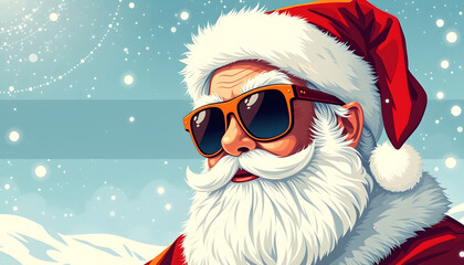 santa wearing sunglasses portrait on snowing sky background, vintage retro style illustration print, with copy text space, angled photoshot, with white tones
