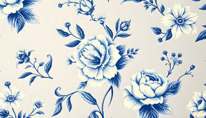 Floral Toile vintage pattern, flower blue painting (), Dreamy, with white tones