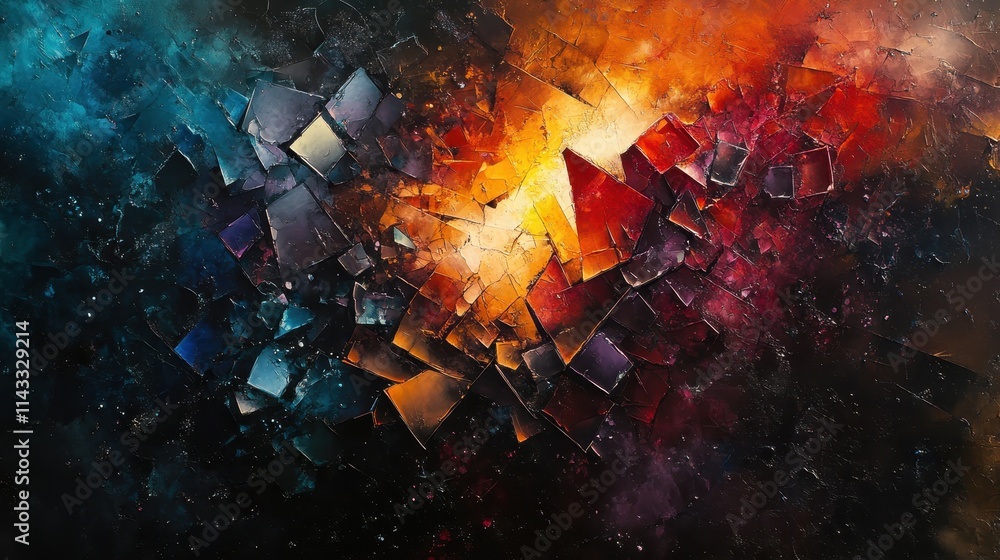 Poster an abstract representation of fragmentation and chaos, featuring dark shards and dynamic lighting.