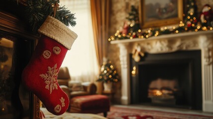 Festive christmas stocking display cozy living room home decor festive environment close-up view holiday spirit and family traditions