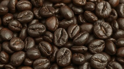 Fototapeta premium Close-up of dark roasted coffee beans, oily sheen, rough surface, close-up, macro, ingredient