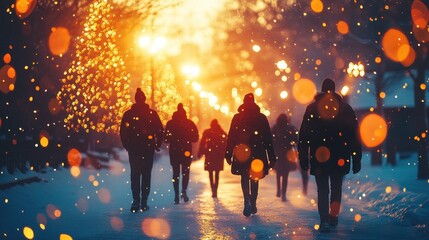 Fototapeta premium Christmas friends outdoore, festive company people, New Year concept, Celebration background, christmas time, festive holidays celebration, winter holidays concept, holiday mood, chrismas symbol