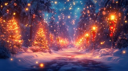 Christmas celebration cozy winter wonderland digital illustration enchanted forest nighttime festive spirit and joy