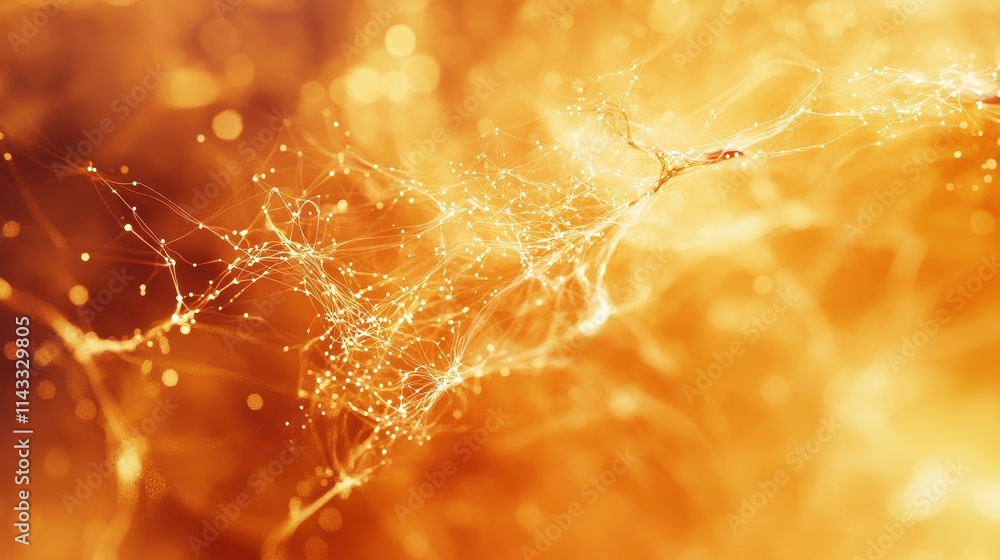 Poster abstract orange network structure. connected dots and lines. communication, technology. background.